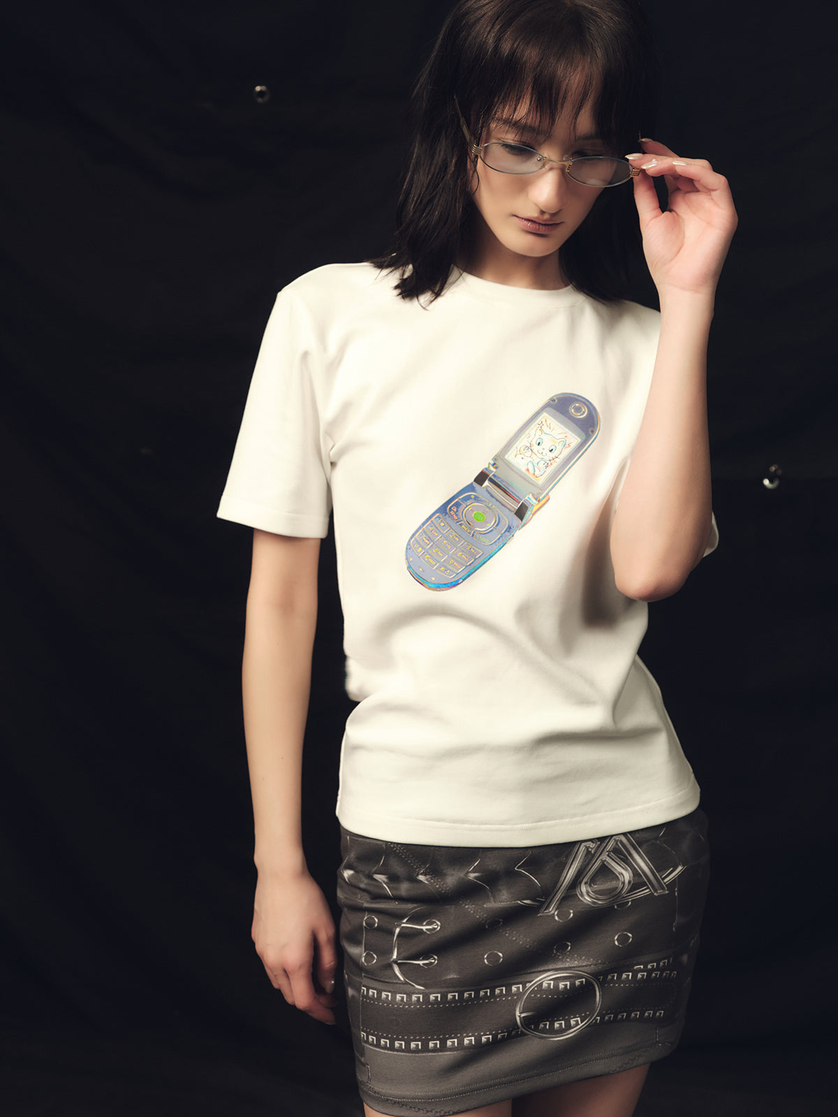 Y2k mobile phone printed tight fitting T-shirt