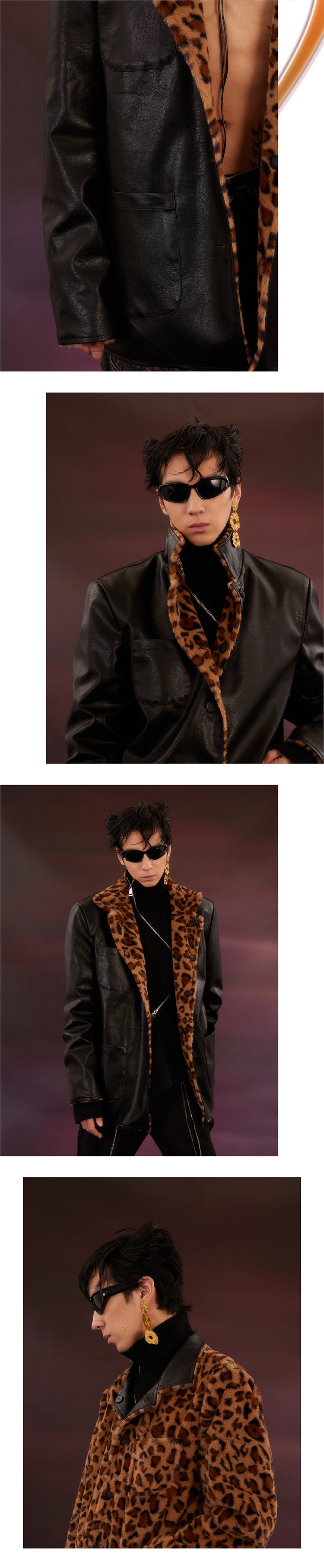 Leopard print reversible black leather jacket