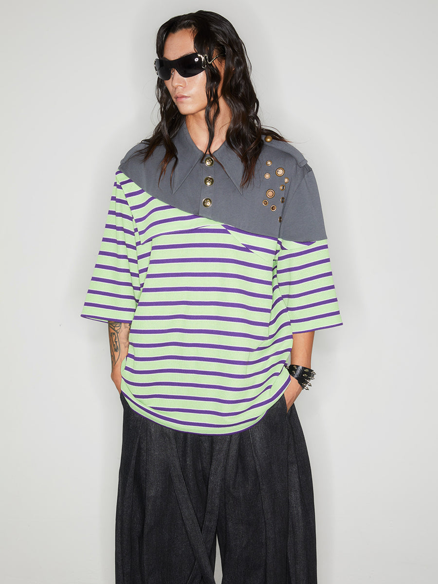 Striped patchwork polo shirt