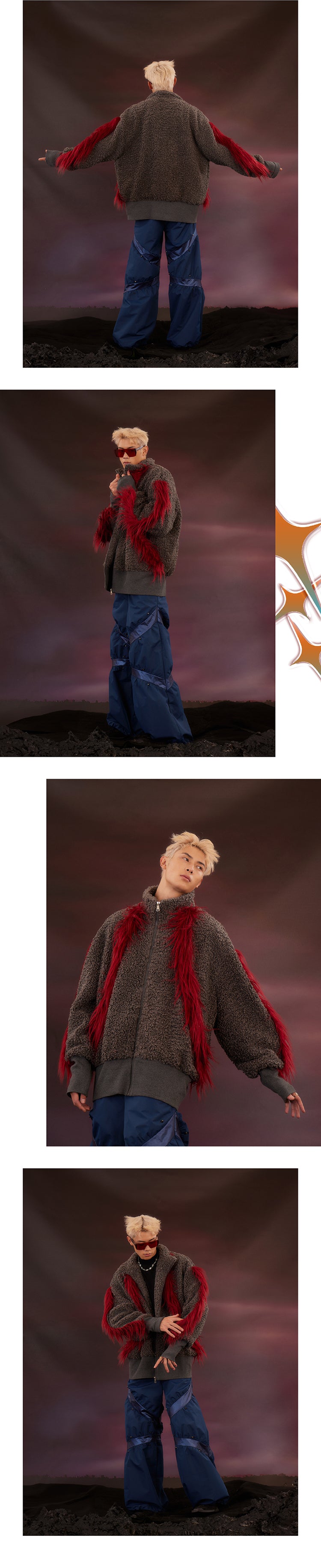 Red plush patchwork plush jacket