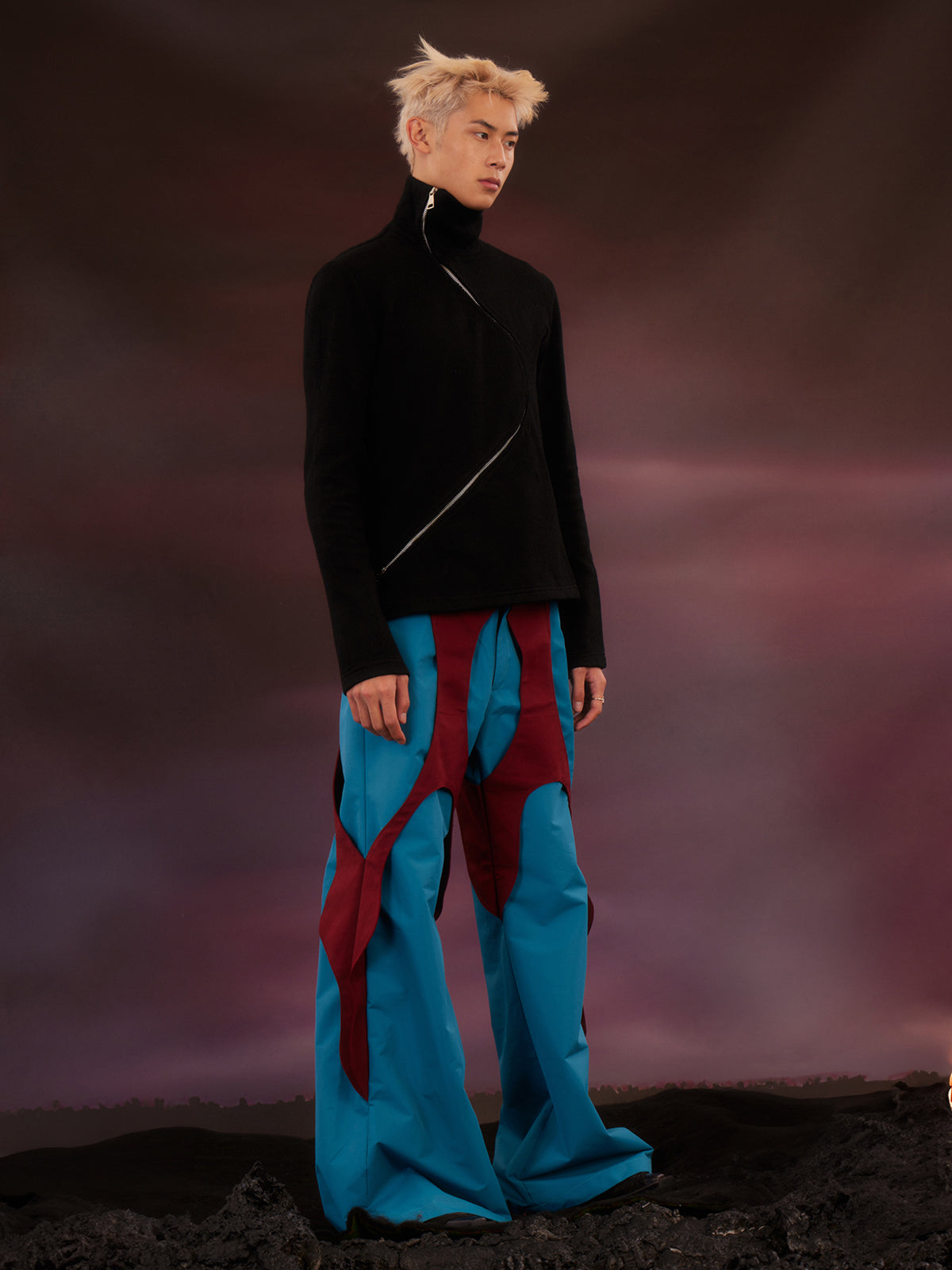 Blue and red patchwork petal pants