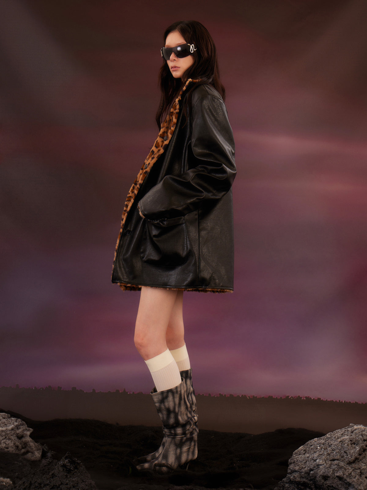 Leopard print reversible black leather jacket