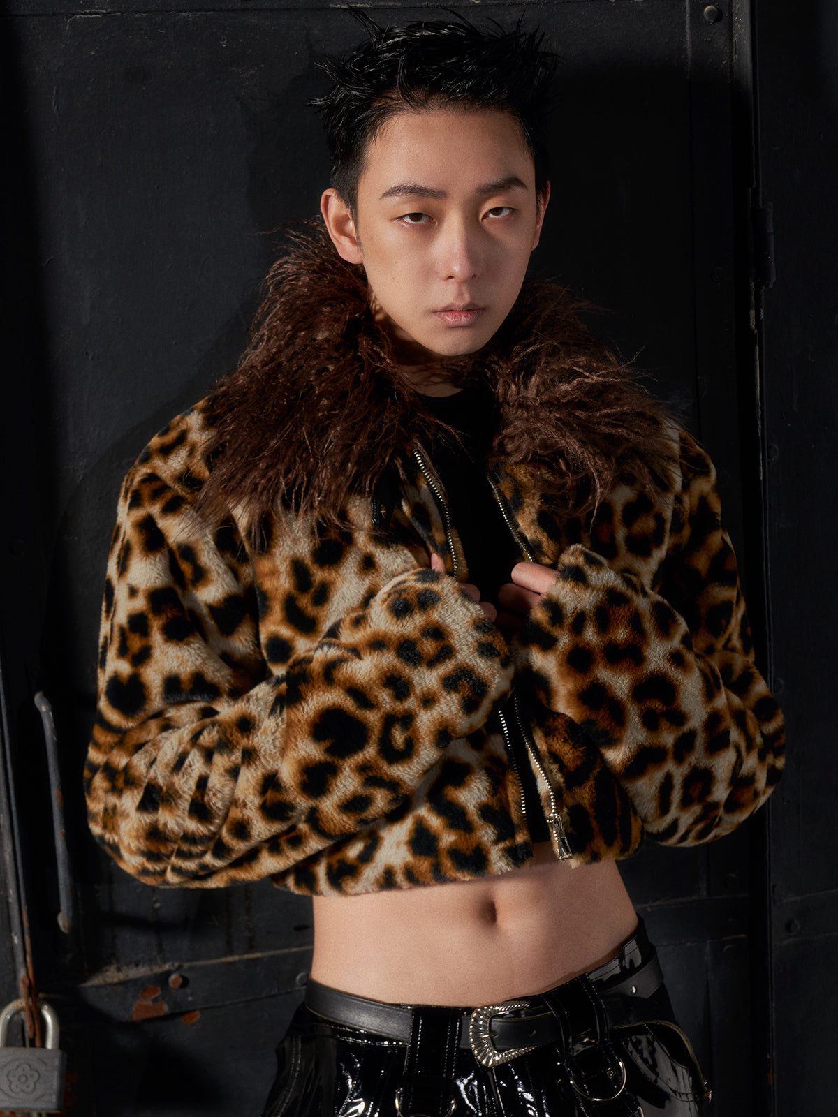 Leopard print fur short jacket