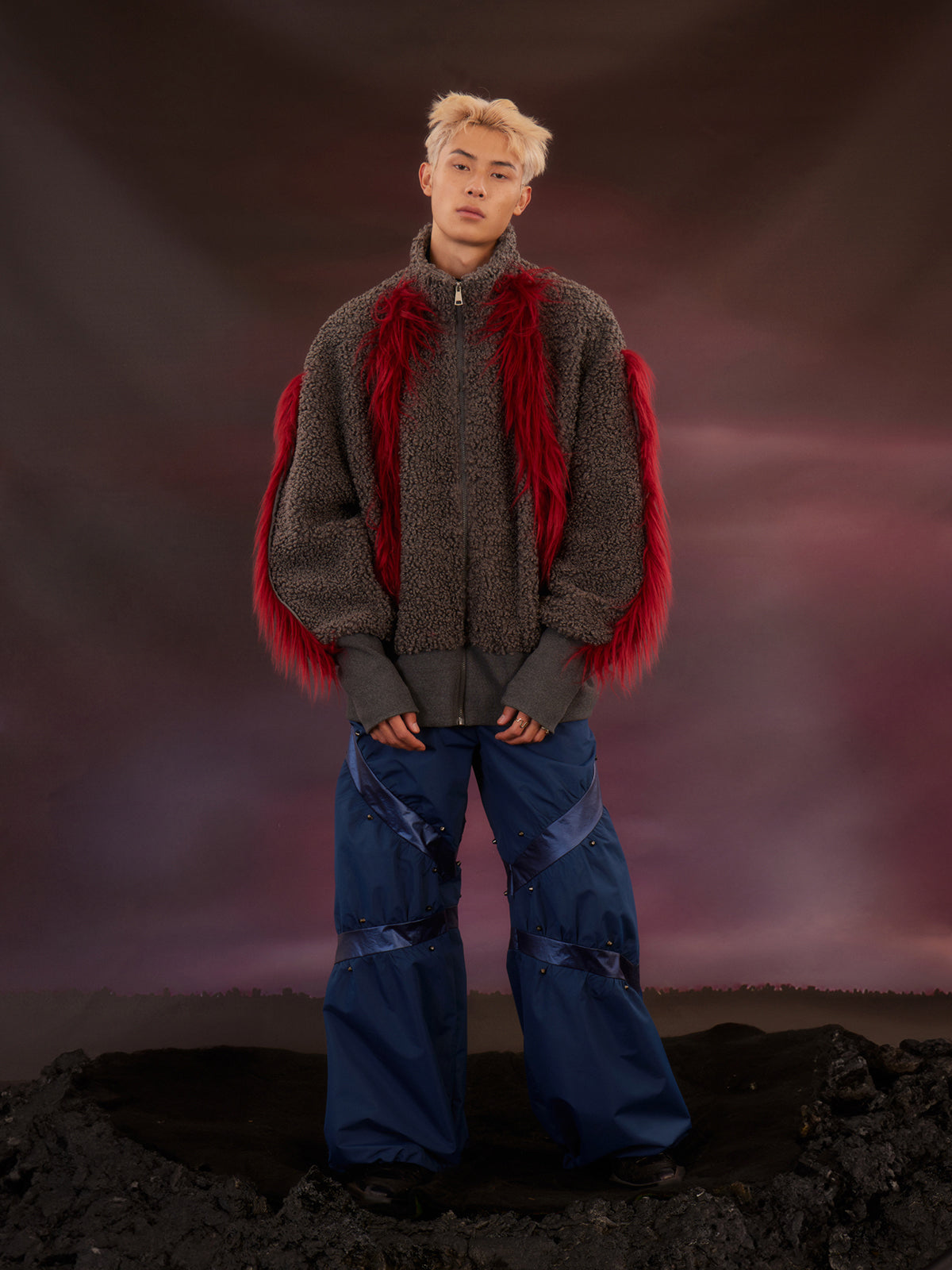 Red plush patchwork plush jacket