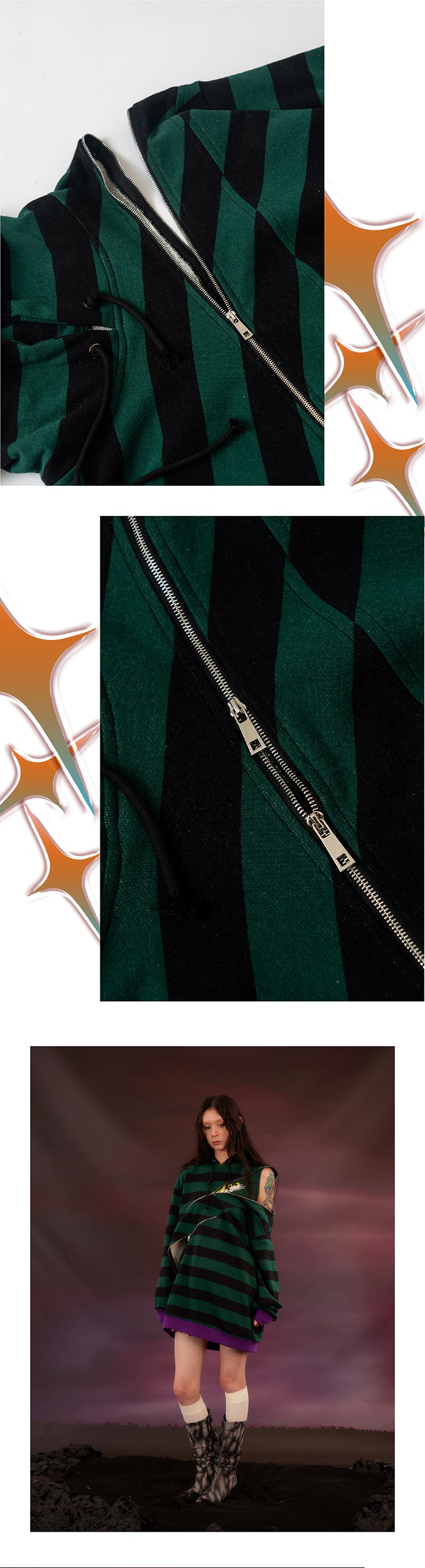 Striped Zipper Split Loose Hoodie