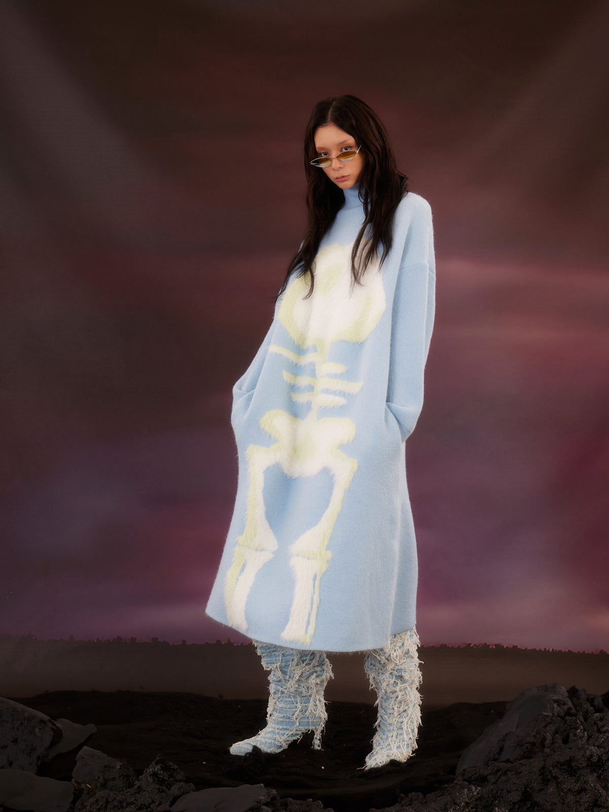 Light blue fish Bone Long Sweater