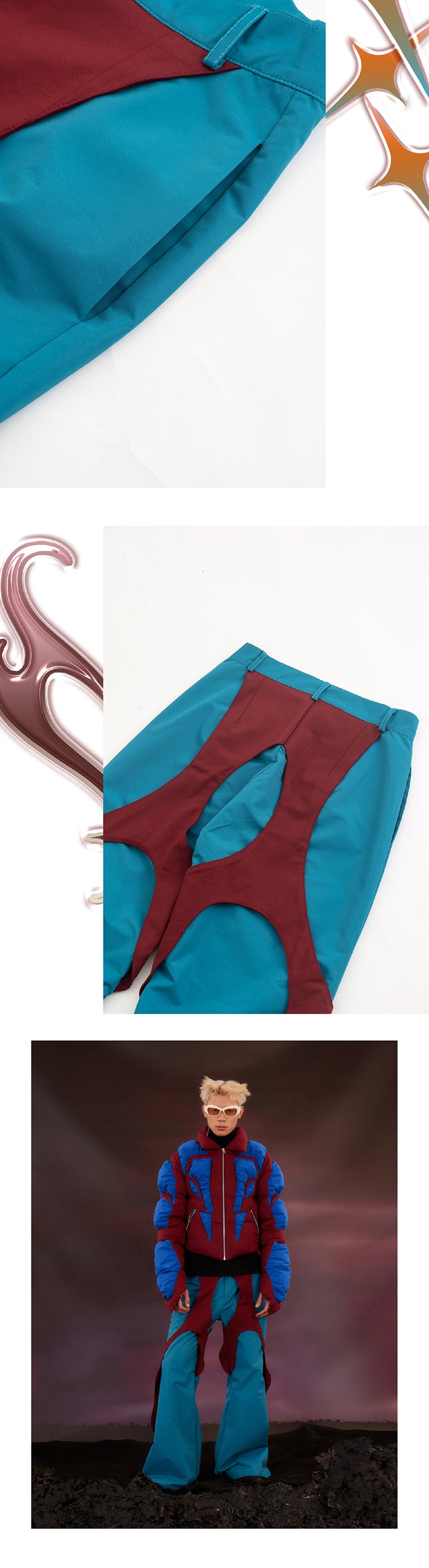 Blue and red patchwork petal pants