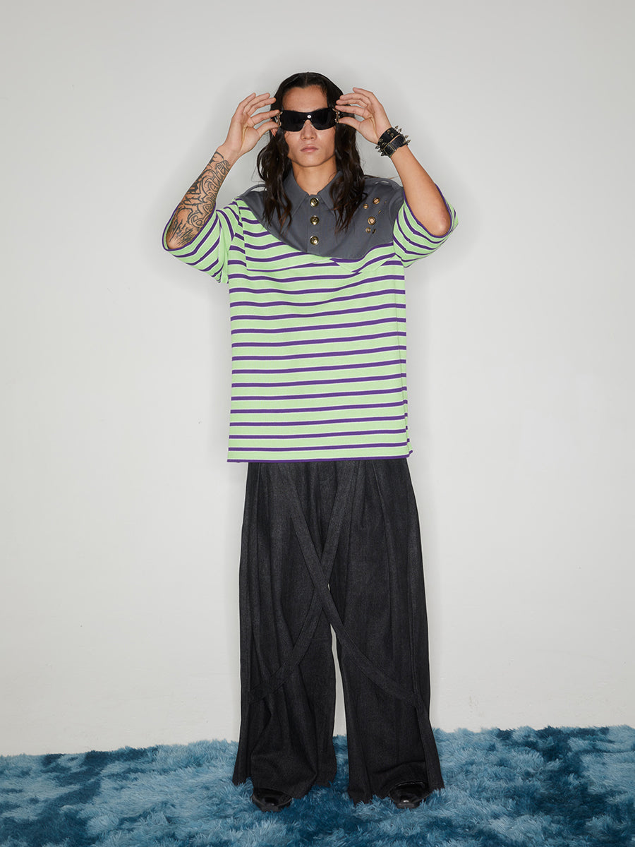 Striped patchwork polo shirt