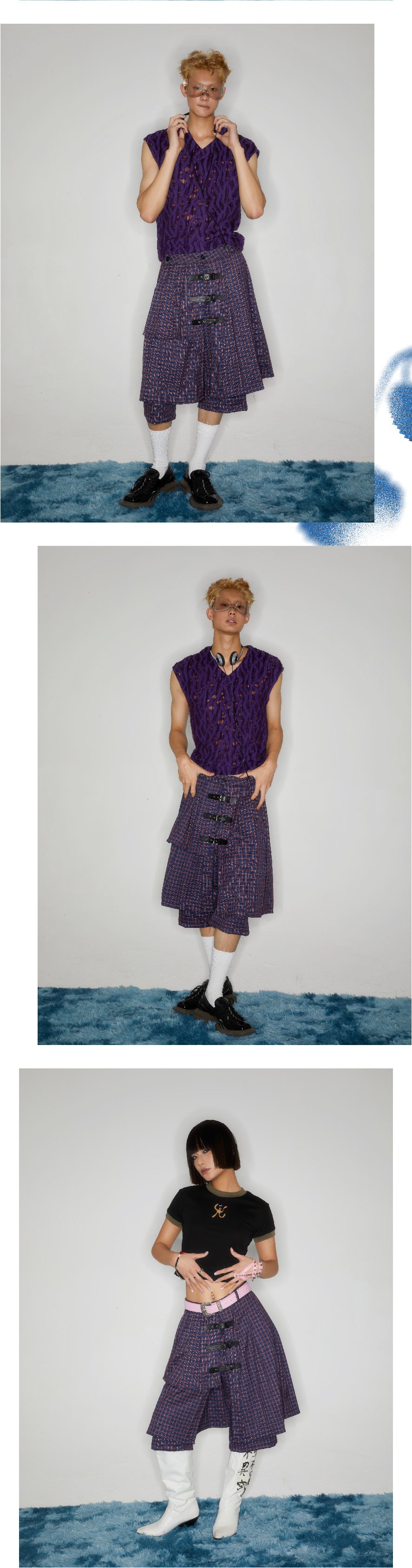 Checkered leather buckle skirt pants