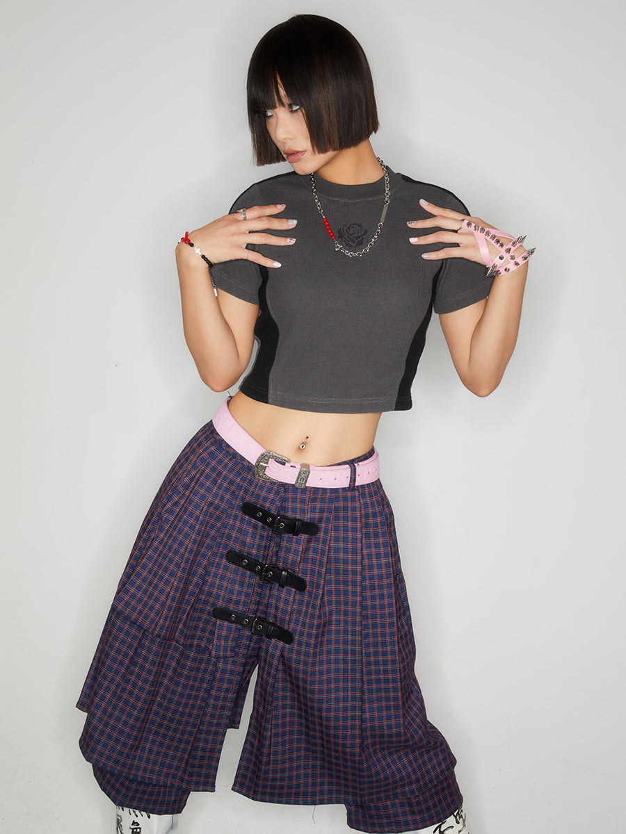 Checkered leather buckle skirt pants