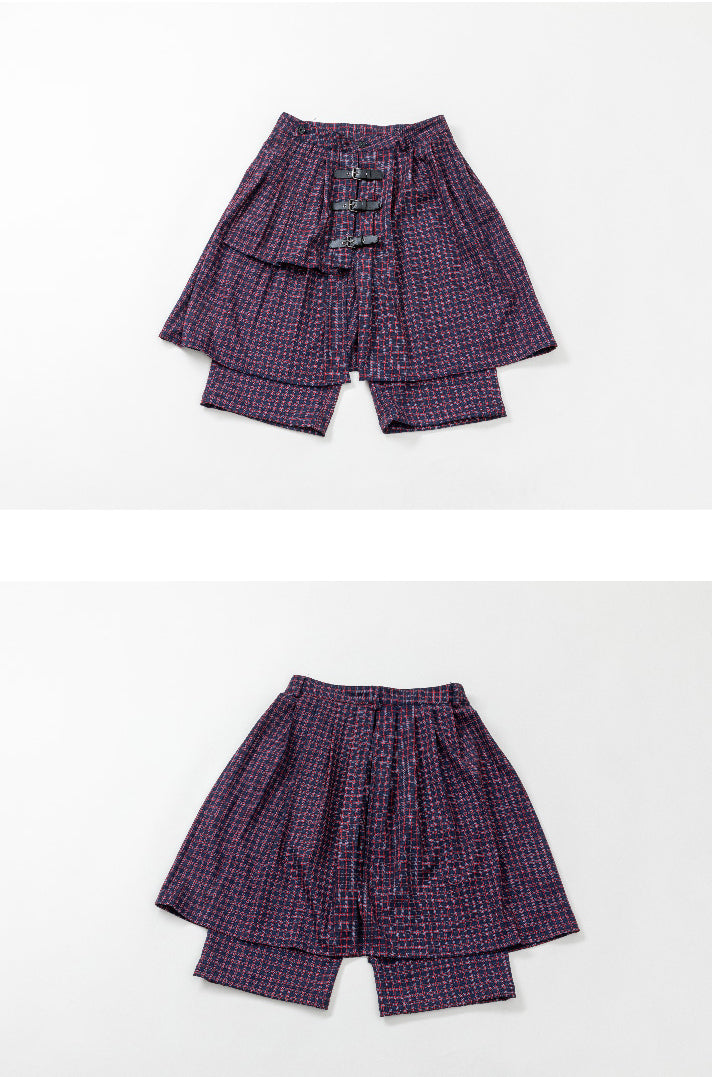 Checkered leather buckle skirt pants