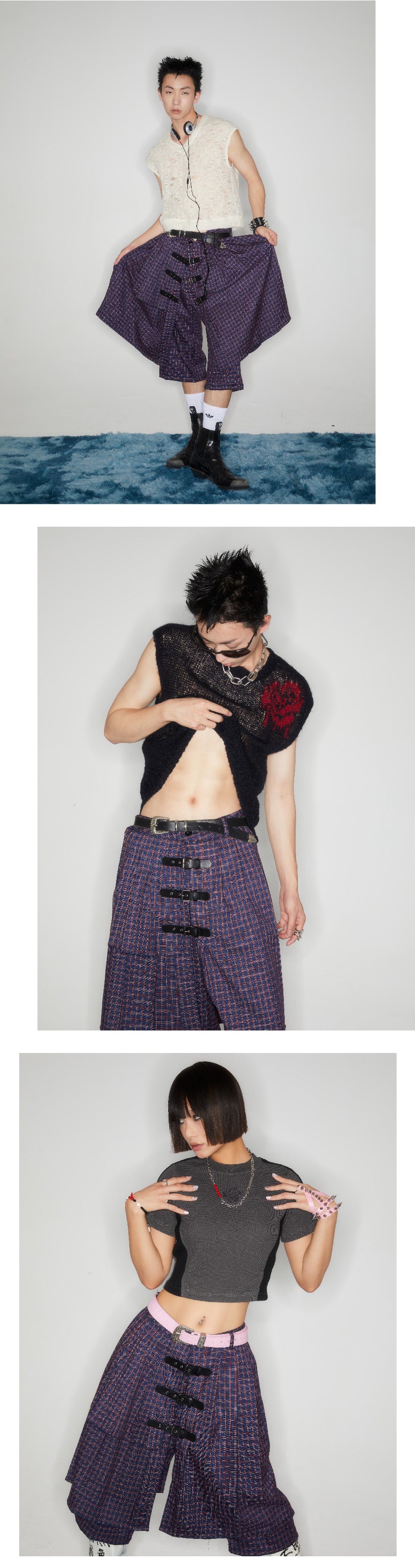 Checkered leather buckle skirt pants