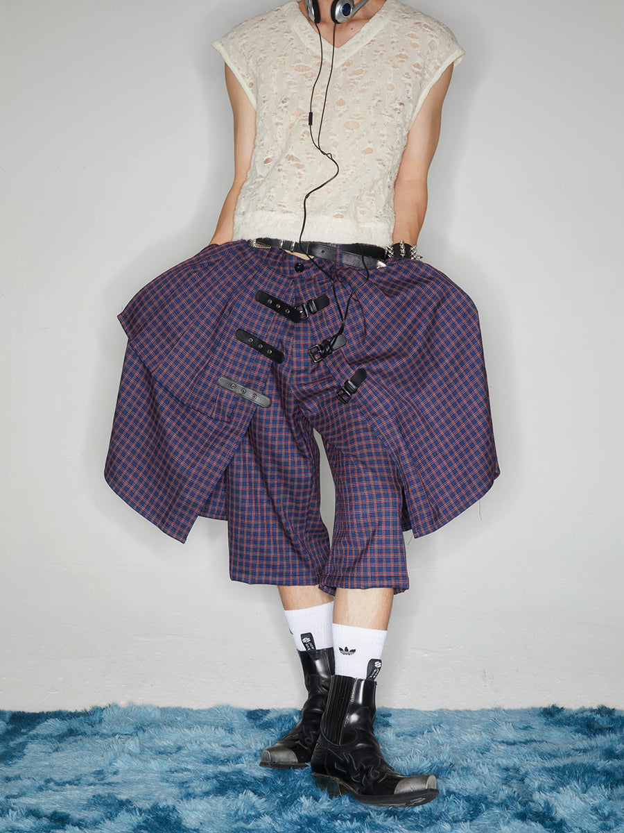 Checkered leather buckle skirt pants
