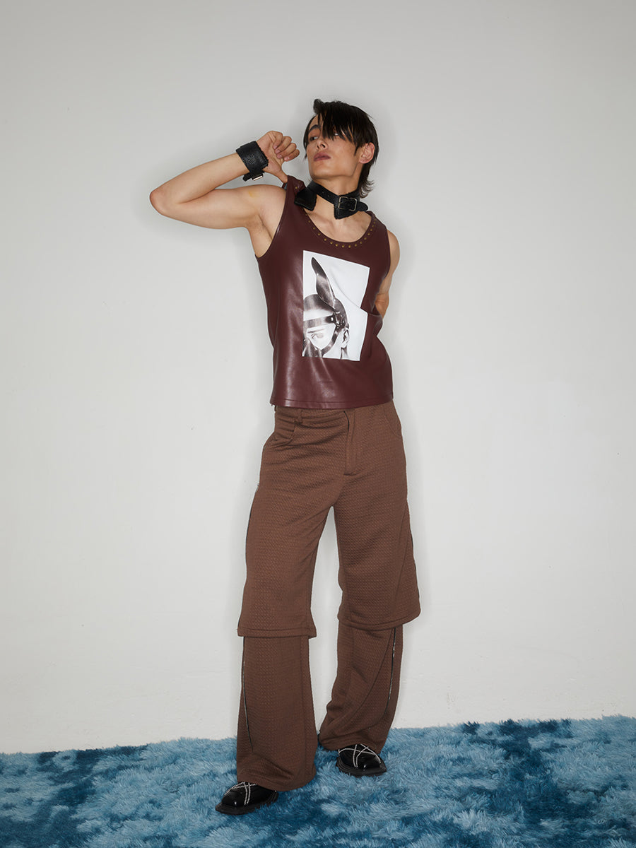 Brown printed rivet leather vest
