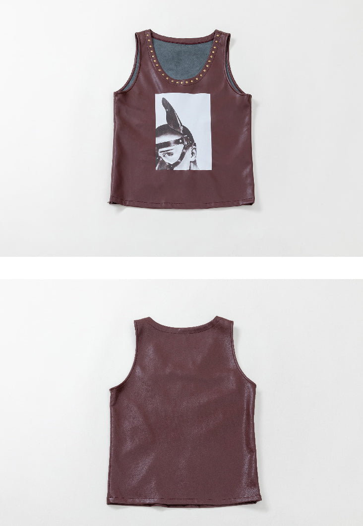 Brown printed rivet leather vest