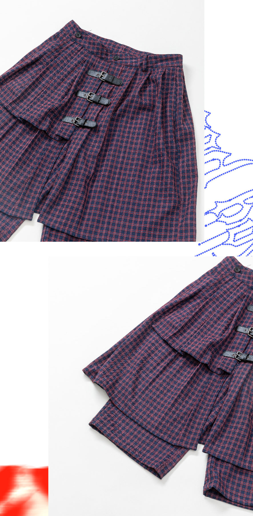 Checkered leather buckle skirt pants