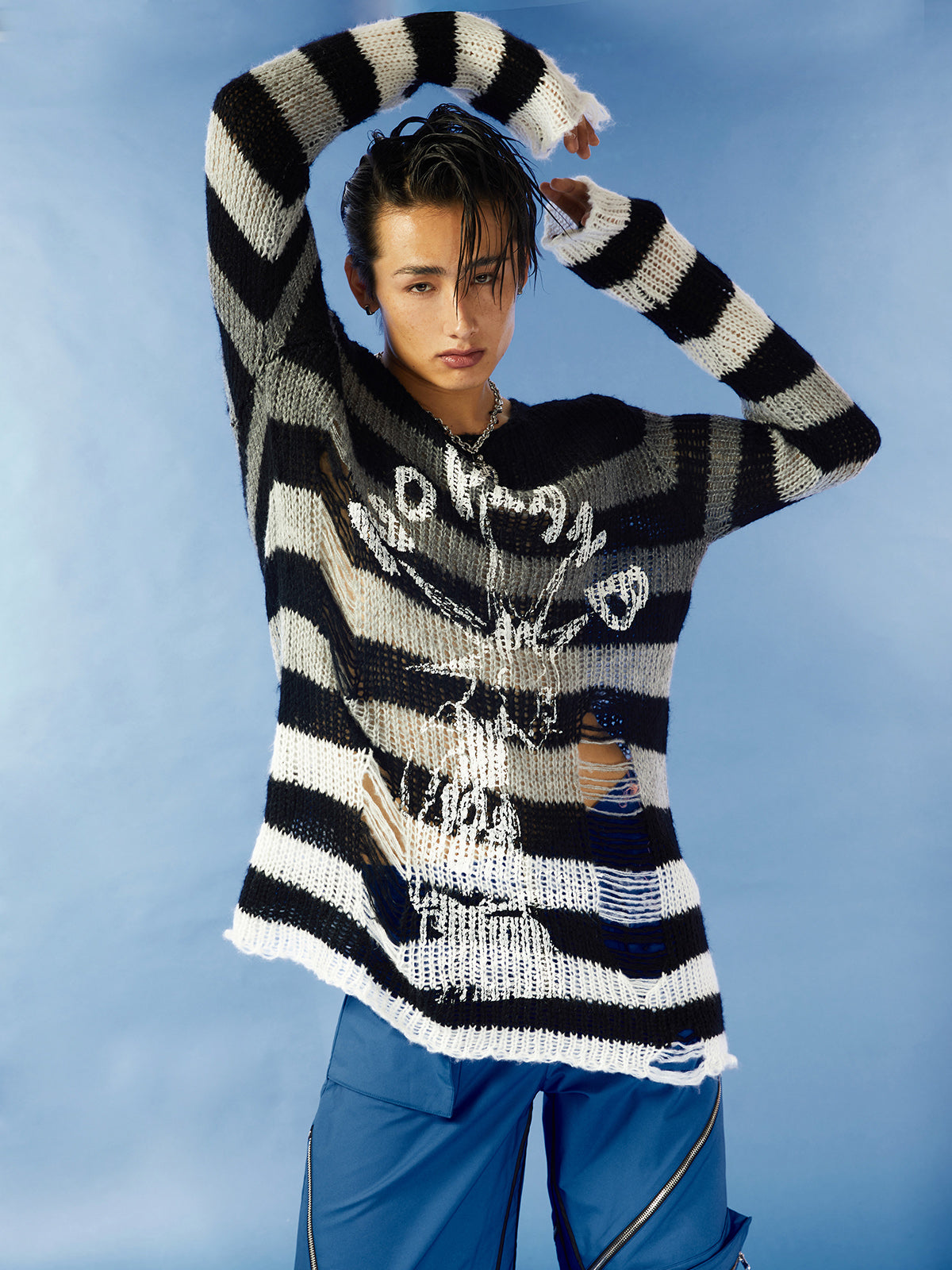 Punk head print hole sweater