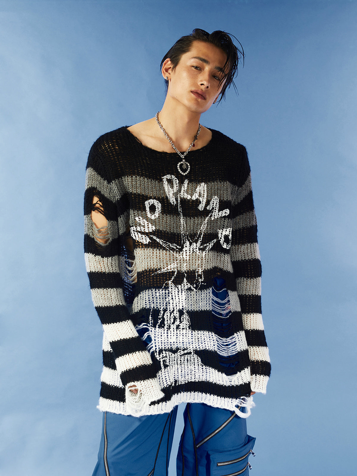 Punk head print hole sweater