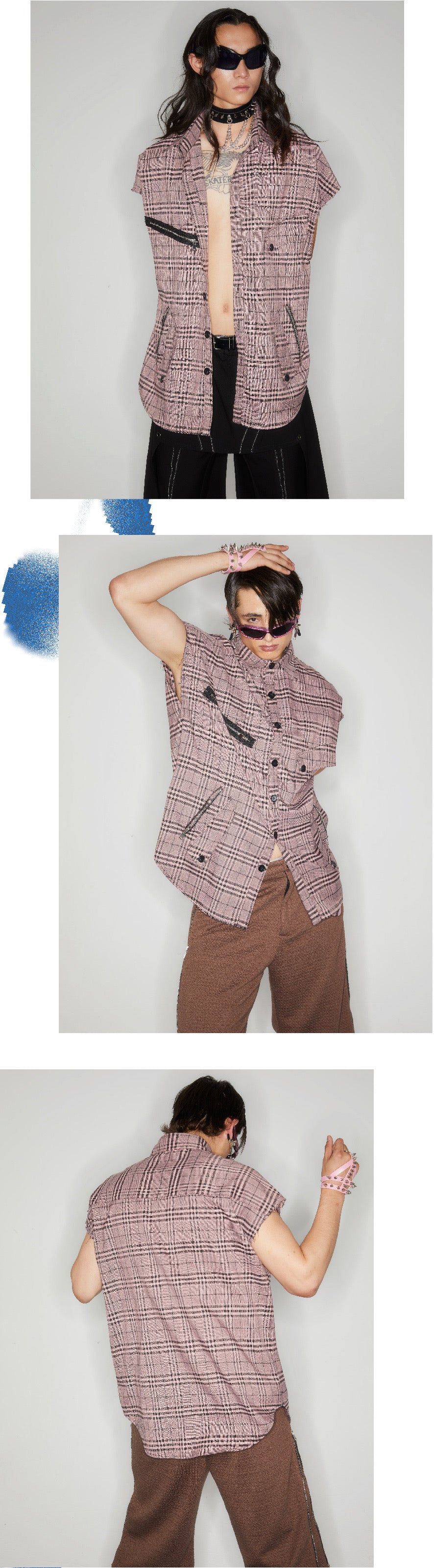 Checkered sleeveless zippered shirt