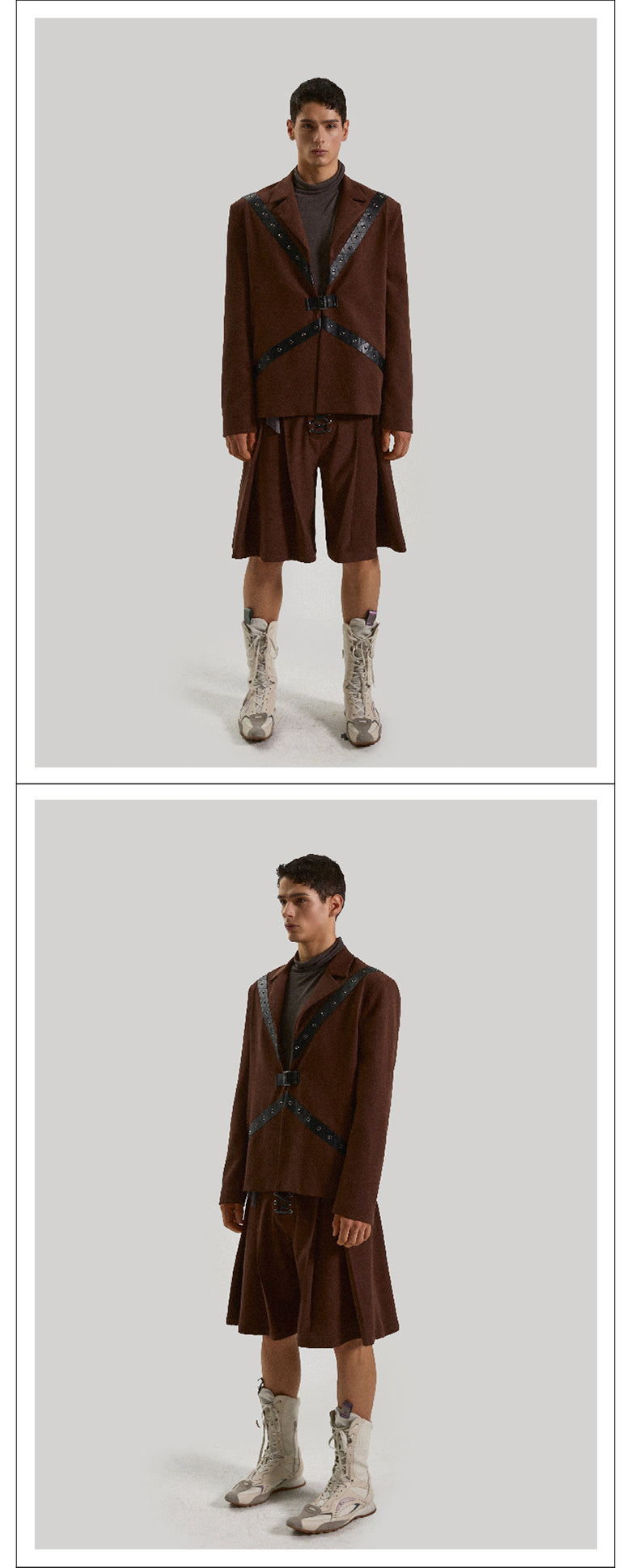 Belt decoration drawstring brown suit set