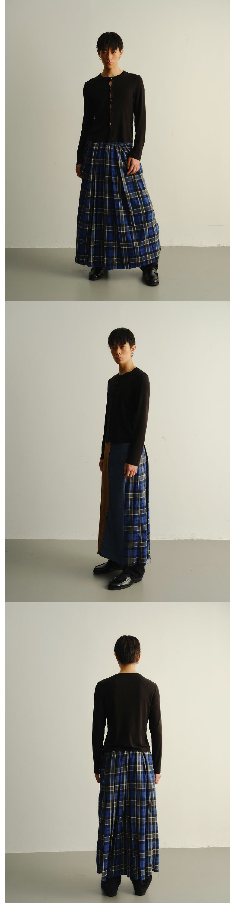 Grid splicing fringed long skirt