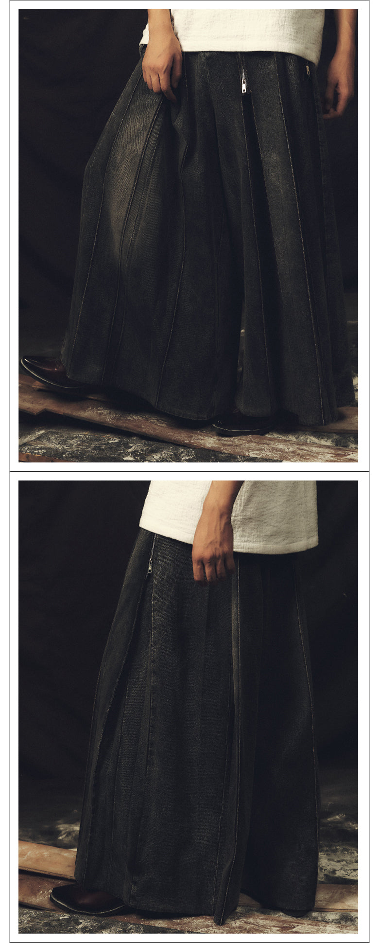 Multi zipper washed wide leg pants