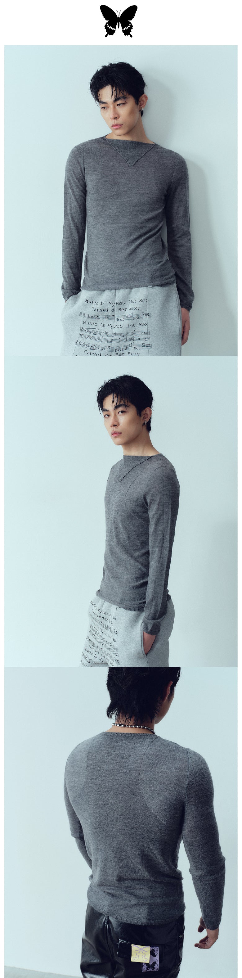 Triangle neck slim fit pure wool two-color top