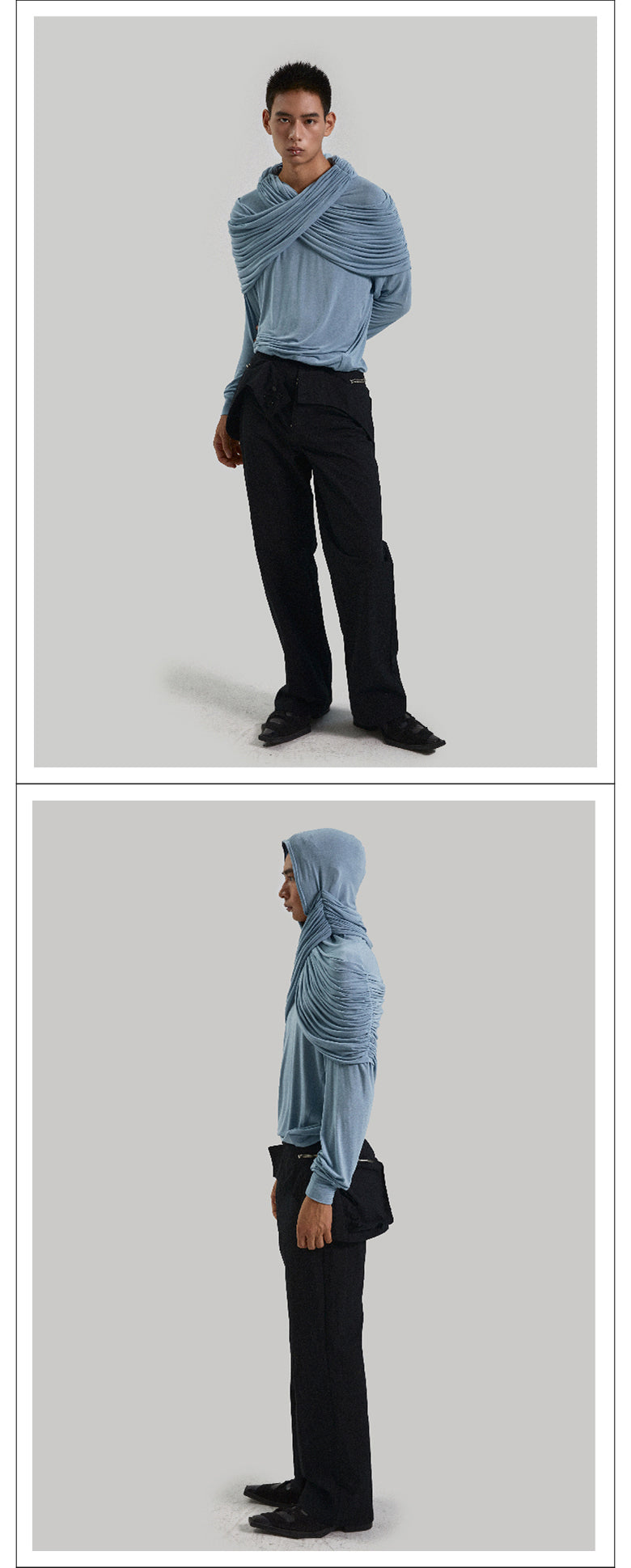 Two tone pleated hooded top