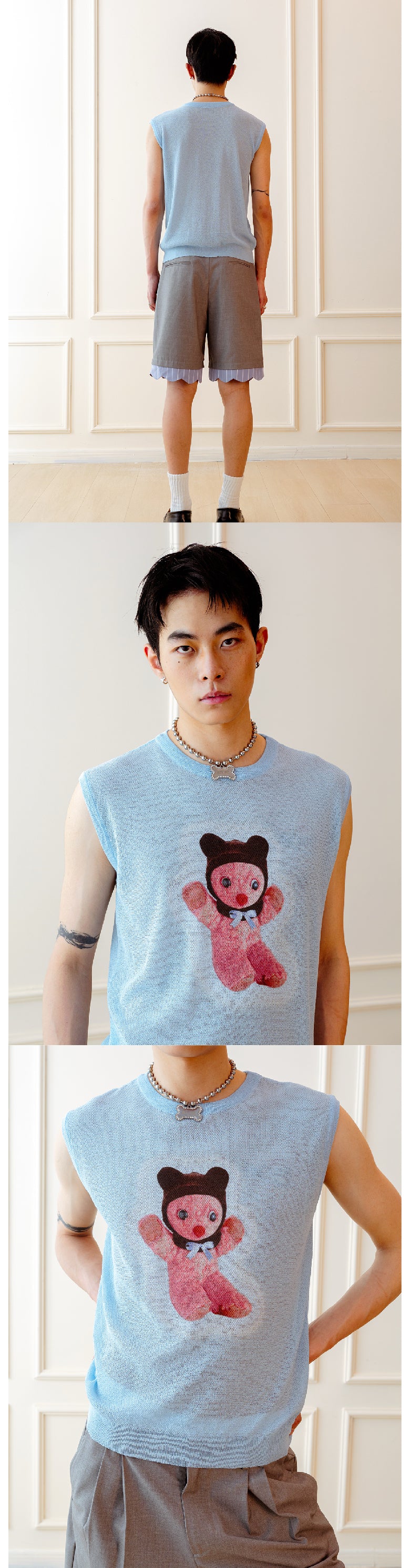 Blue teddy bear printed sleeveless vest