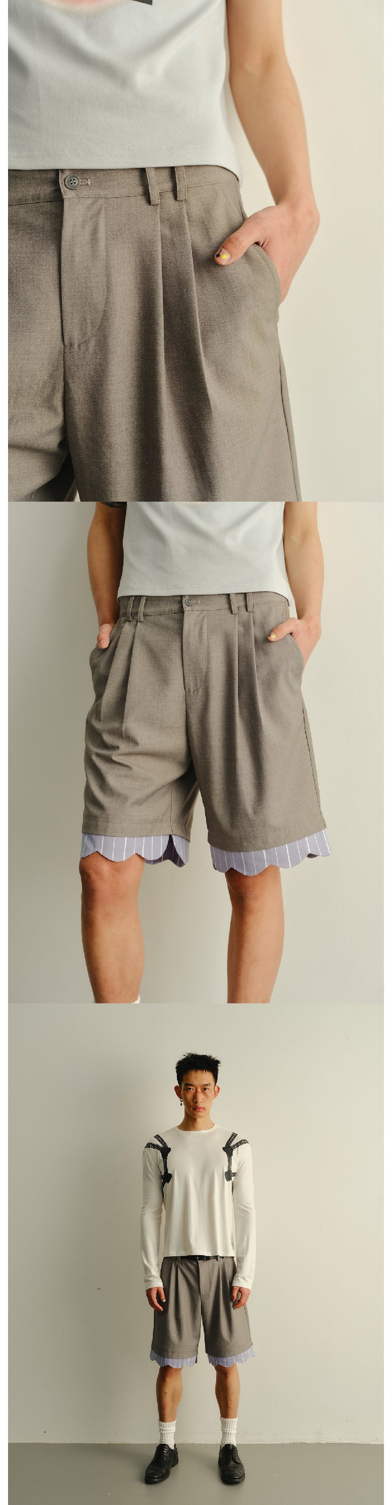 Arrow pants with ruffled edges, suit shorts