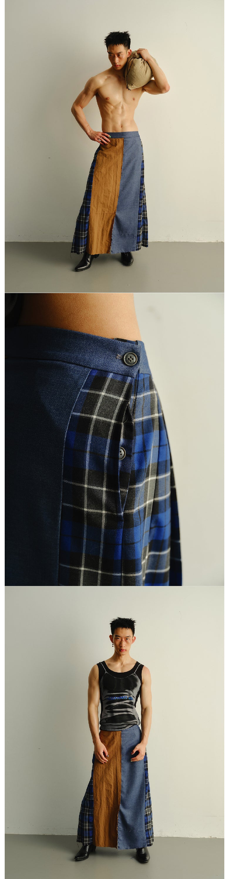 Grid splicing fringed long skirt