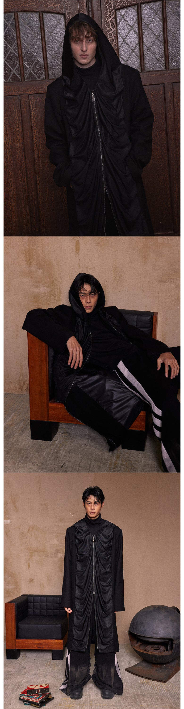 Wrinkled hooded extended windbreaker