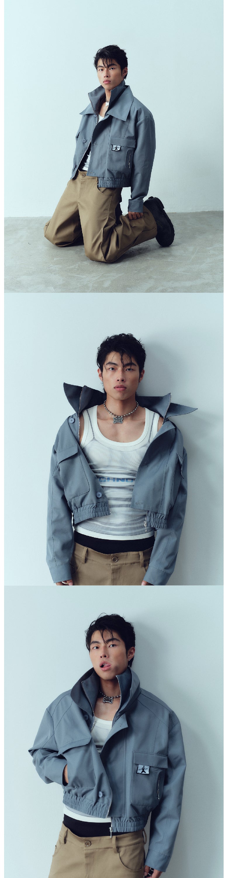 Double layered stand collar workwear short jacket
