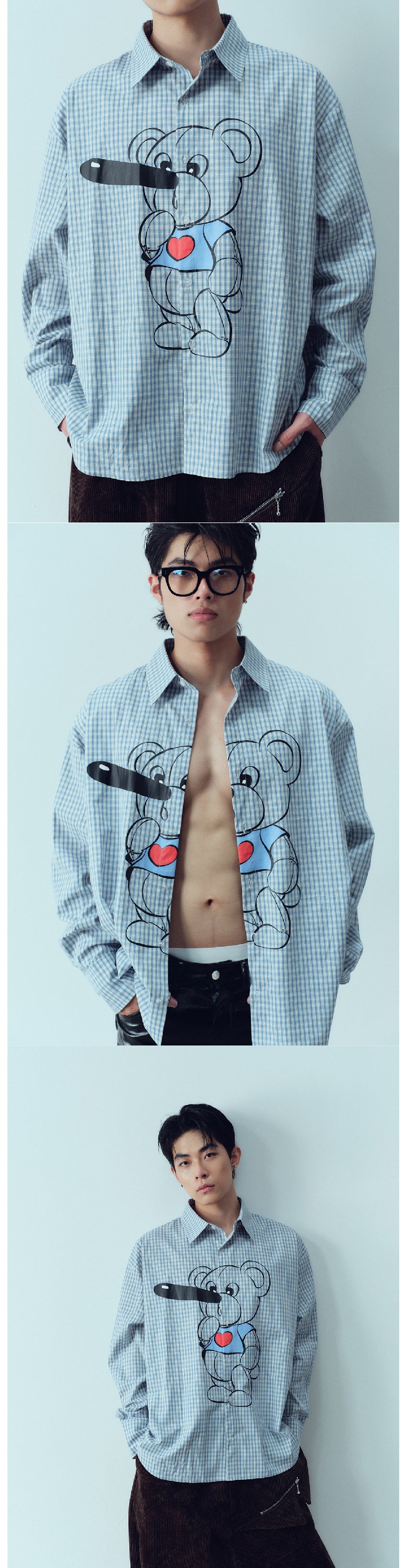 Pinocchio Bear Printed Checkered Shirt
