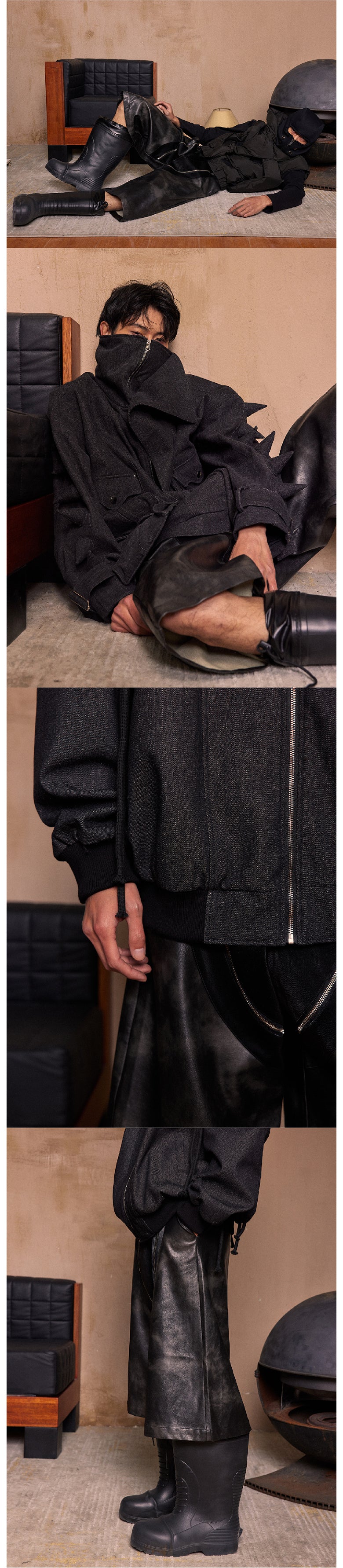 Black spliced leather zipper shorts