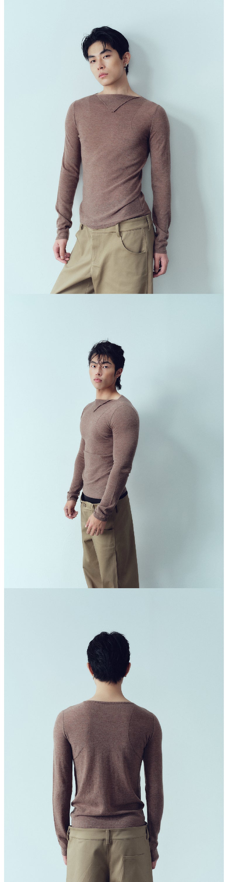 Triangle neck slim fit pure wool two-color top