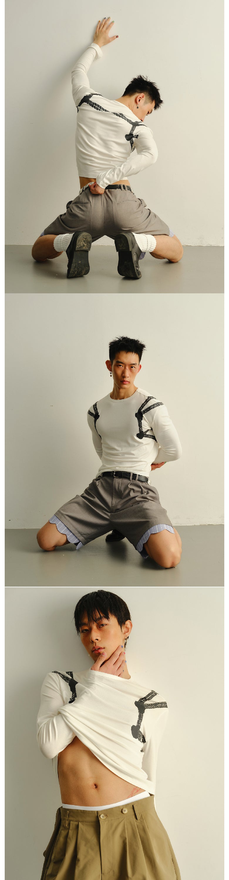 White tied long sleeved elastic T-shirt