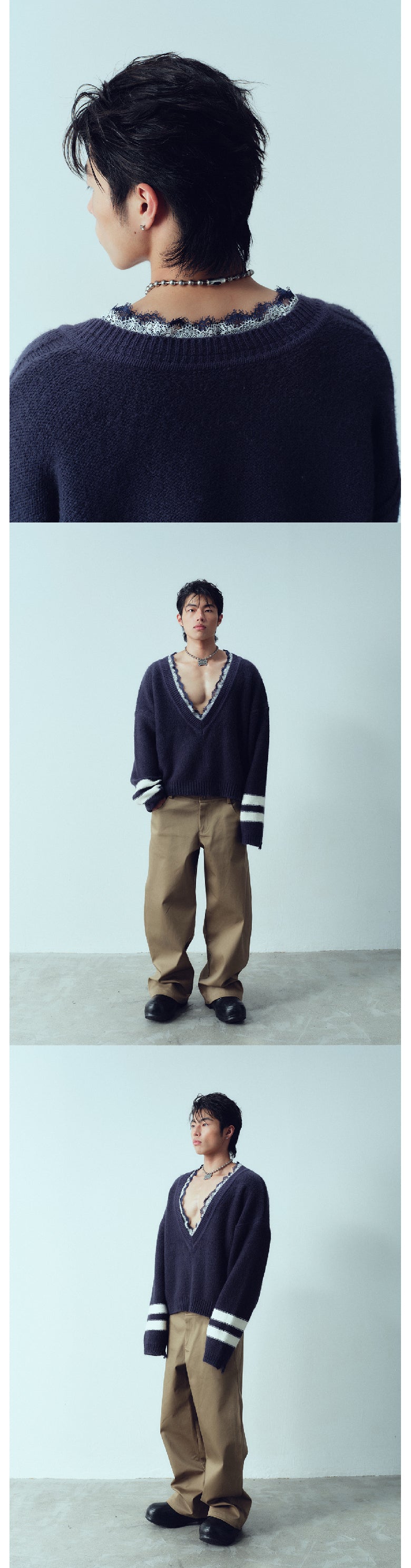 Deep V-layer lace silhouette perforated sweater