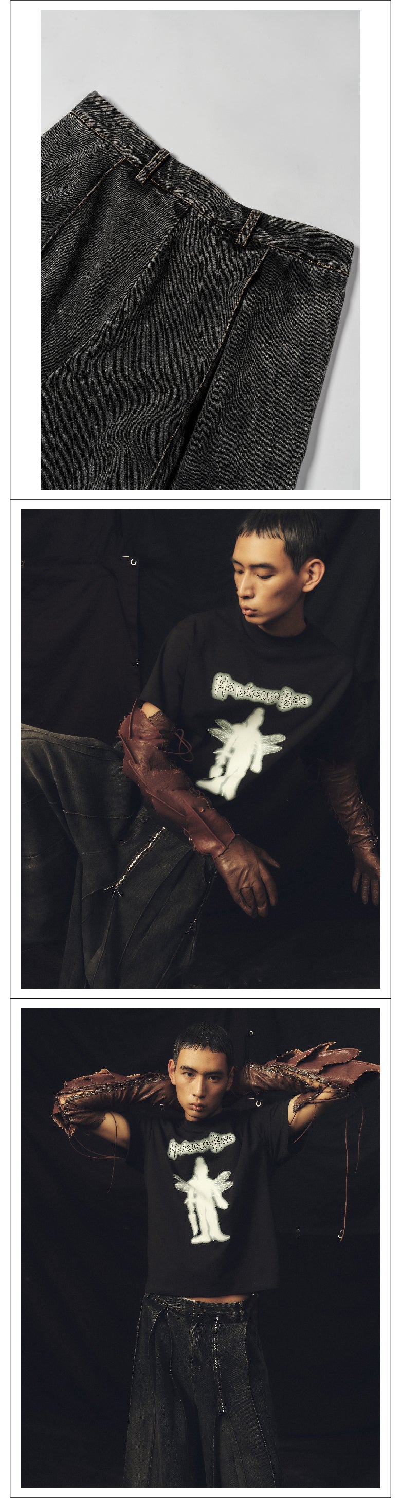 Multi zipper washed wide leg pants