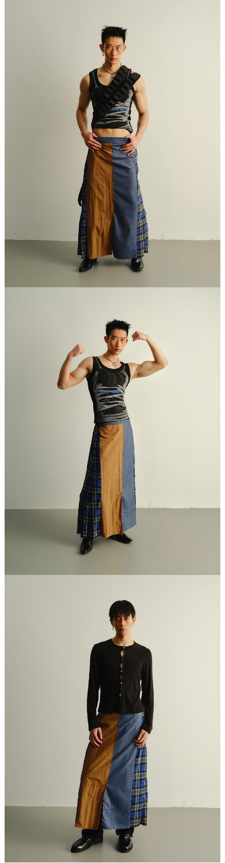 Grid splicing fringed long skirt