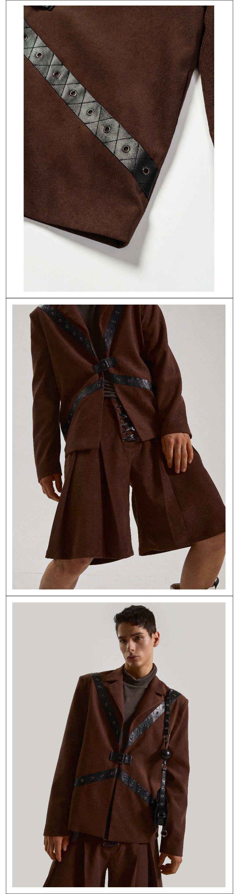 Belt decoration drawstring brown suit set