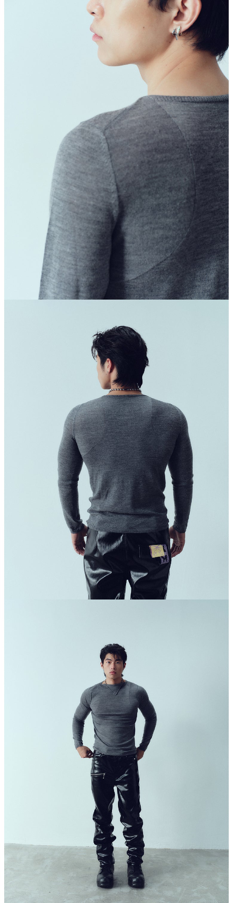 Triangle neck slim fit pure wool two-color top