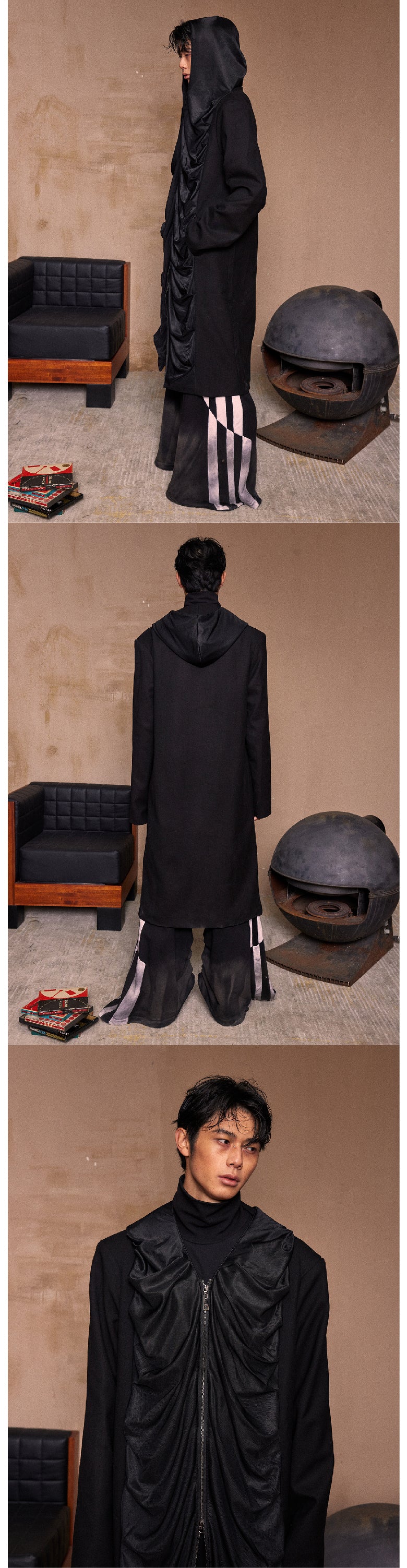 Wrinkled hooded extended windbreaker