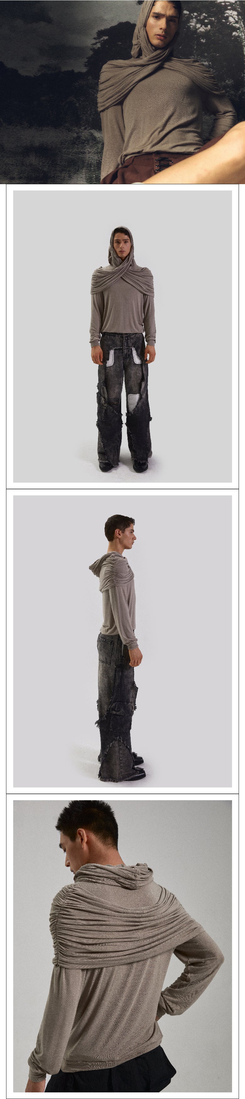 Two tone pleated hooded top