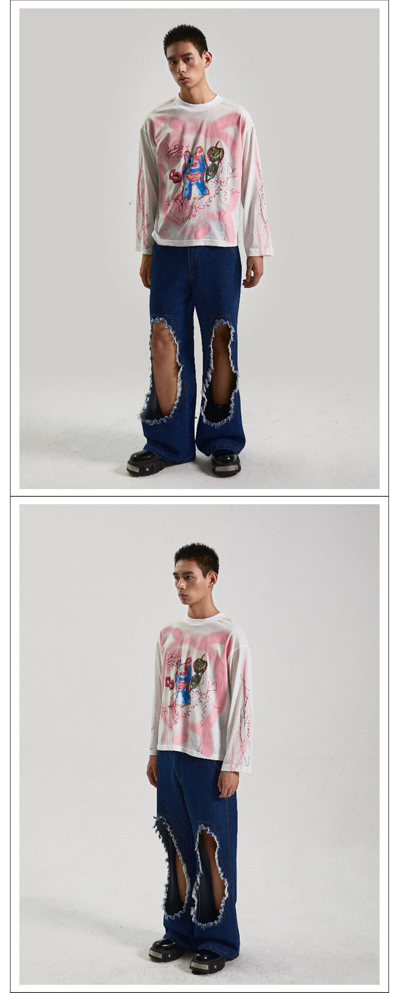 Oversized distressed washed jeans