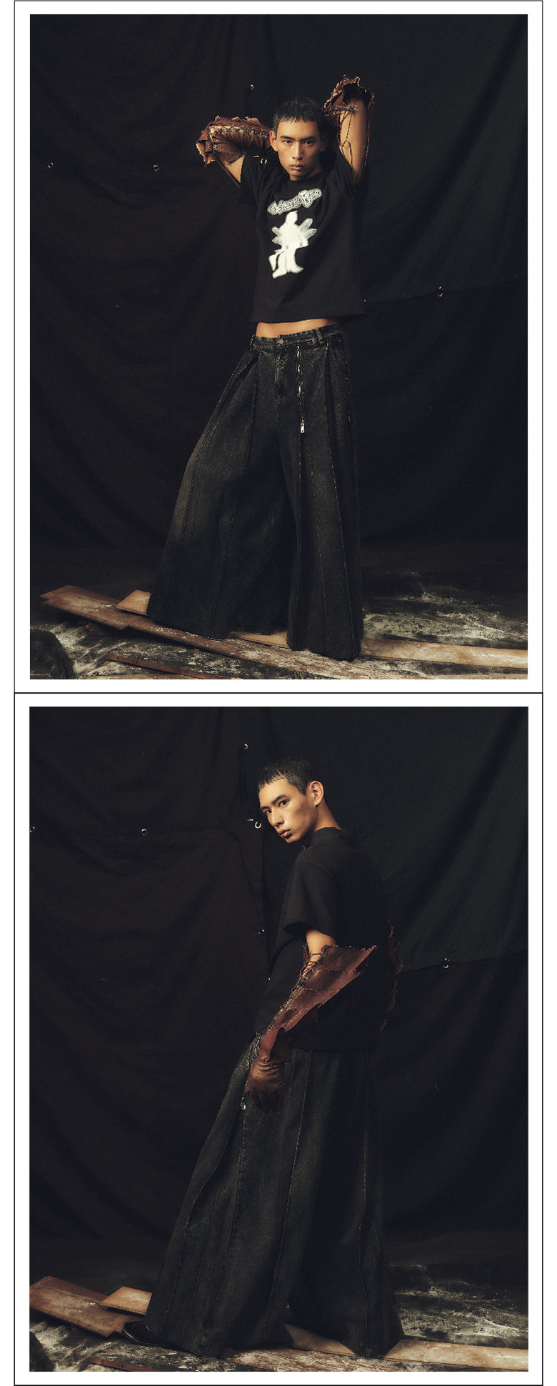 Multi zipper washed wide leg pants