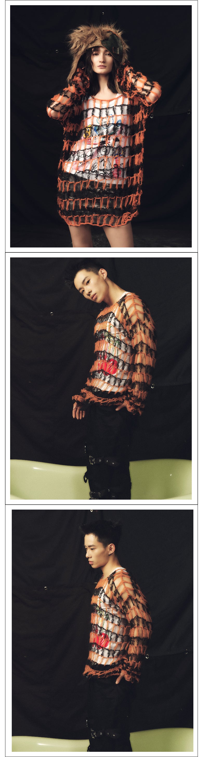 Large hollow out two tone sweater