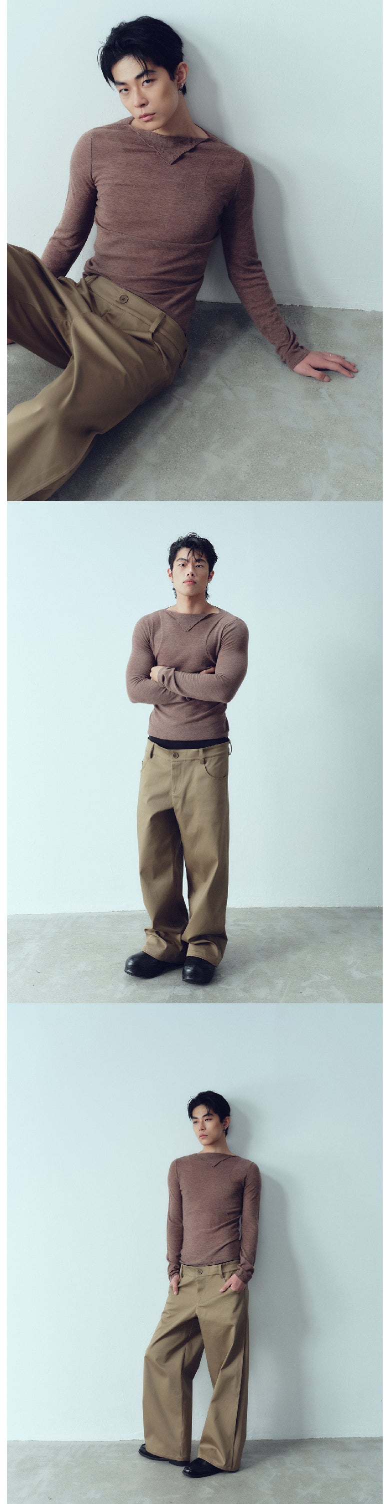Triangle neck slim fit pure wool two-color top