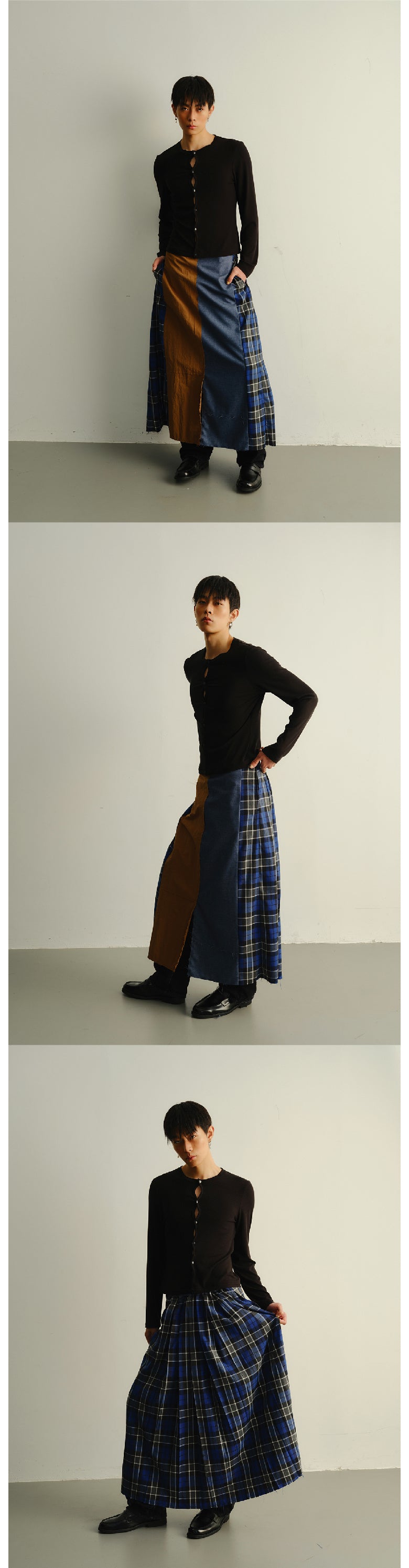 Grid splicing fringed long skirt