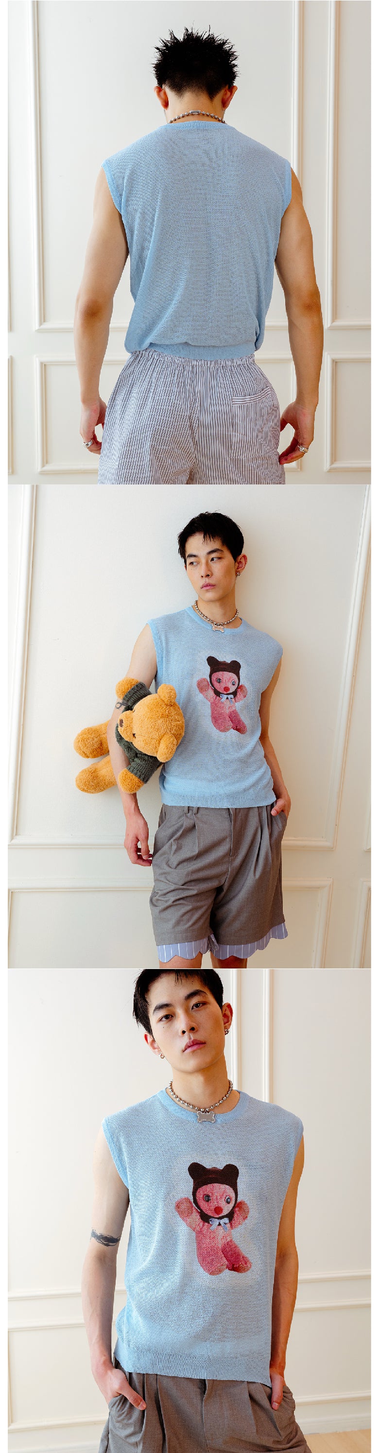 Blue teddy bear printed sleeveless vest